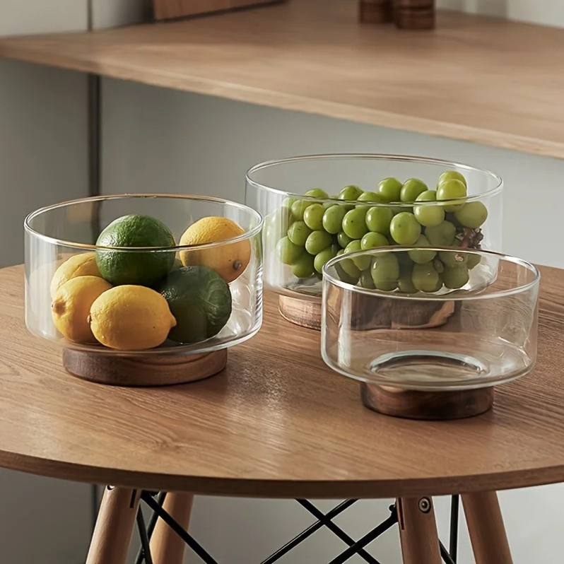 Minimalist Glass Fruit Bowl with Wooden Base – Decorative Salad & Snack Serving Bowl