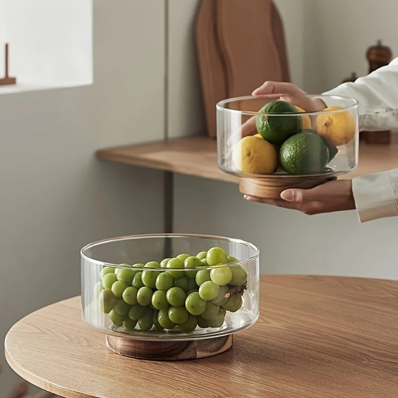 Minimalist Glass Fruit Bowl with Wooden Base – Decorative Salad & Snack Serving Bowl