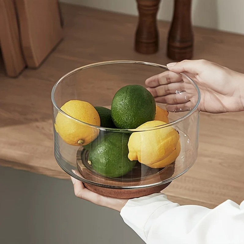 Minimalist Glass Fruit Bowl with Wooden Base – Decorative Salad & Snack Serving Bowl