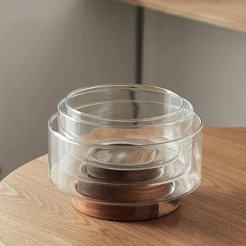 Minimalist Glass Fruit Bowl with Wooden Base – Decorative Salad & Snack Serving Bowl