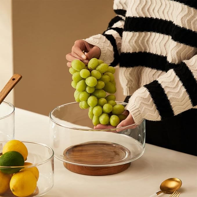 Minimalist Glass Fruit Bowl with Wooden Base – Decorative Salad & Snack Serving Bowl
