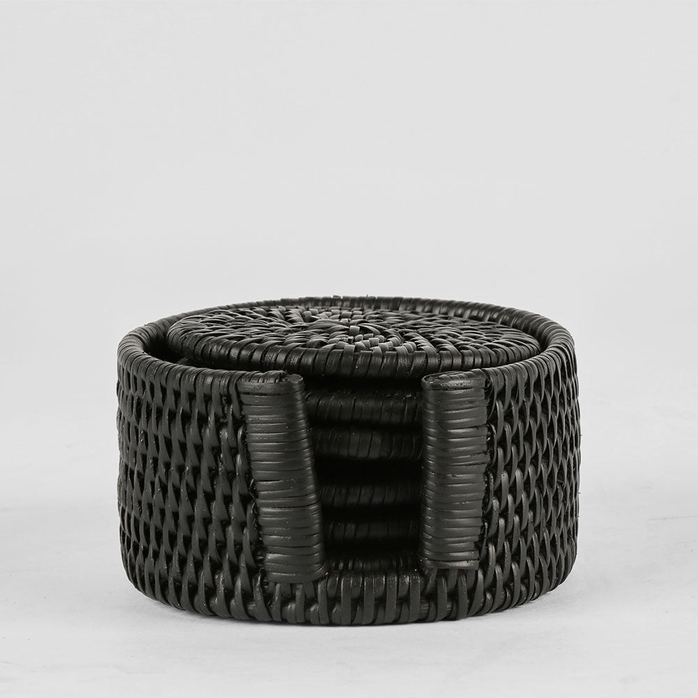 Paume Rattan Round Coaster Set 6 Black | Luxury home decor and furniture by Home Decor & Co