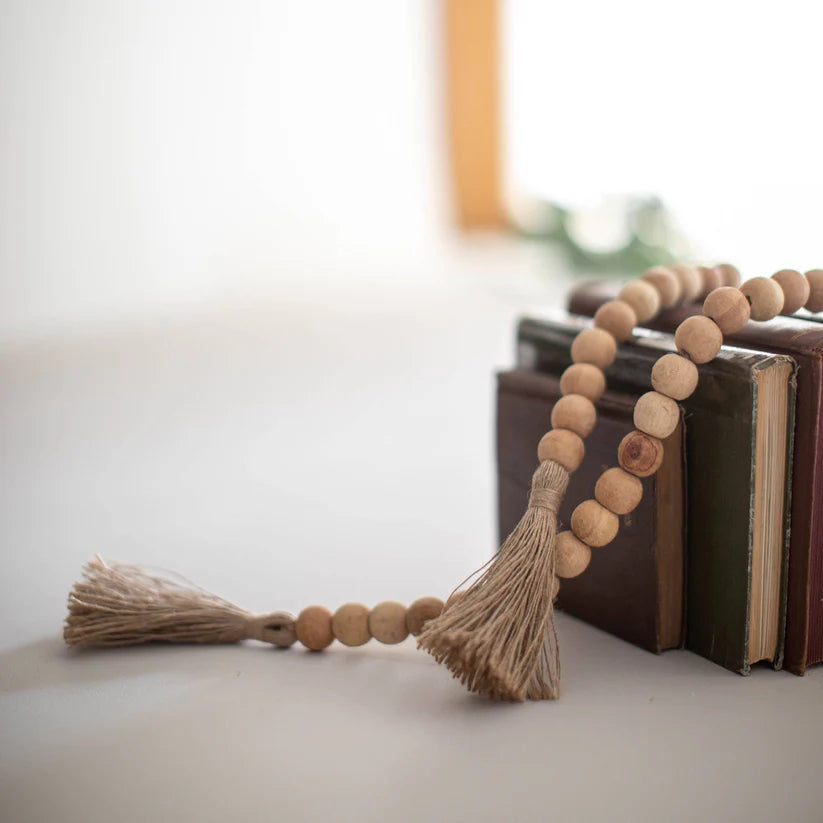 Boho Wooden Bead Garland with Tassels – Rustic Decorative Strand for Home & Wall Styling