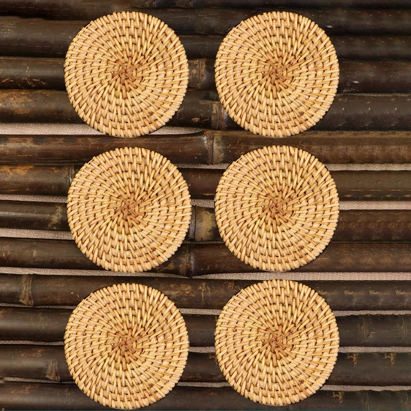 Boho Rattan Drink Coasters – Set of 6 with Holder | Natural Woven Cup Mats