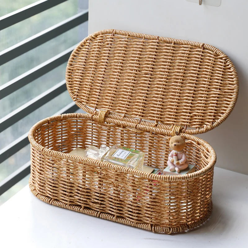 Boho Rattan-Style Storage Basket – Woven Decorative Organizer with Lid