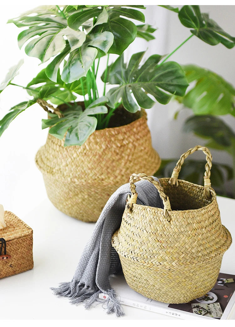 Handwoven Seagrass Storage Basket – Boho Plant Pot, Laundry & Home Organizer