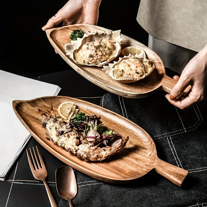 Wooden Leaf-Shaped Serving Tray – Sushi, Dessert, Fruit & Snack Plate