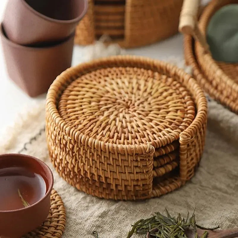 Boho Rattan Drink Coasters – Set of 6 with Holder | Natural Woven Cup Mats