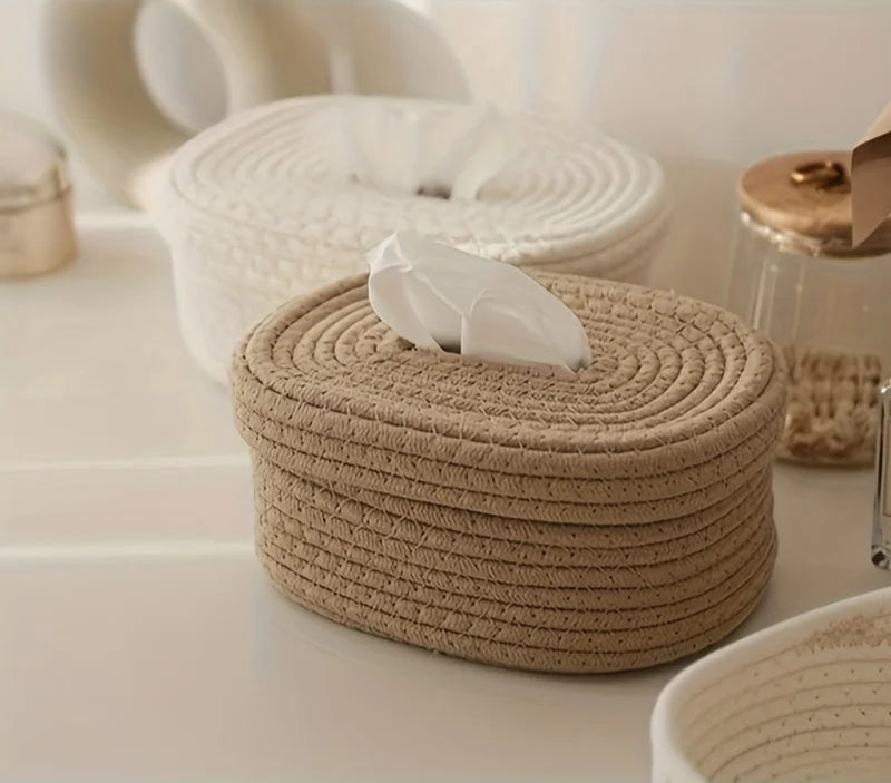 Boho Handwoven Tissue Box Holder – Minimalist Fabric Storage for Napkins & Towels