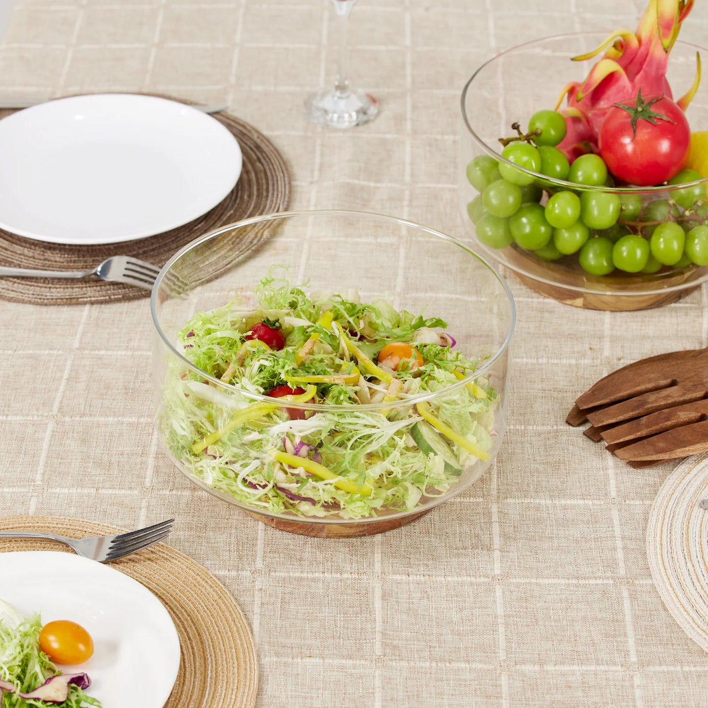 Minimalist Glass Fruit Bowl with Wooden Base – Decorative Salad & Snack Serving Bowl