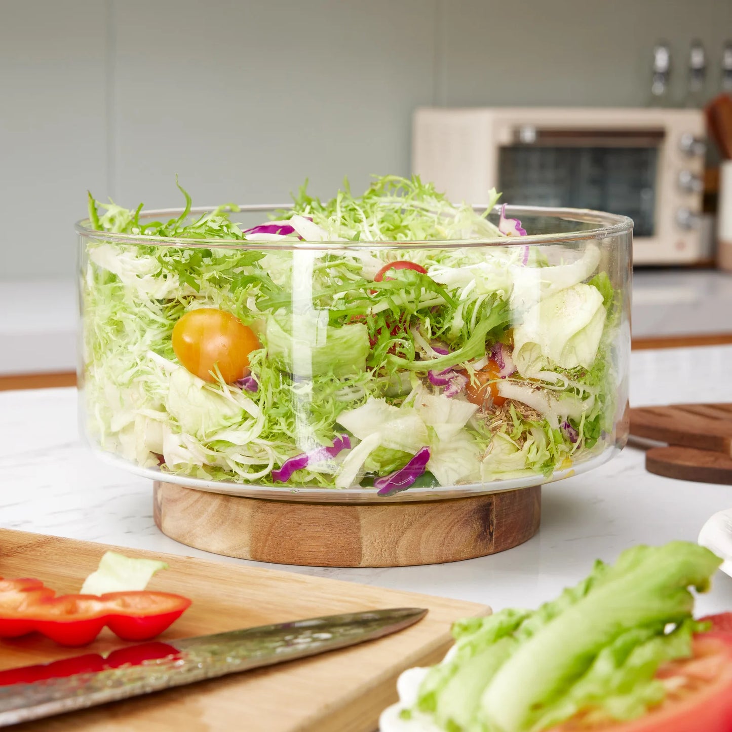 Minimalist Glass Fruit Bowl with Wooden Base – Decorative Salad & Snack Serving Bowl