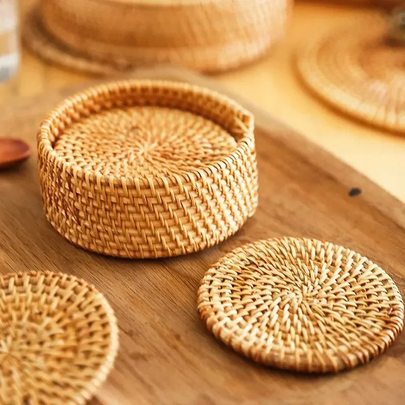 Boho Rattan Drink Coasters – Set of 6 with Holder | Natural Woven Cup Mats