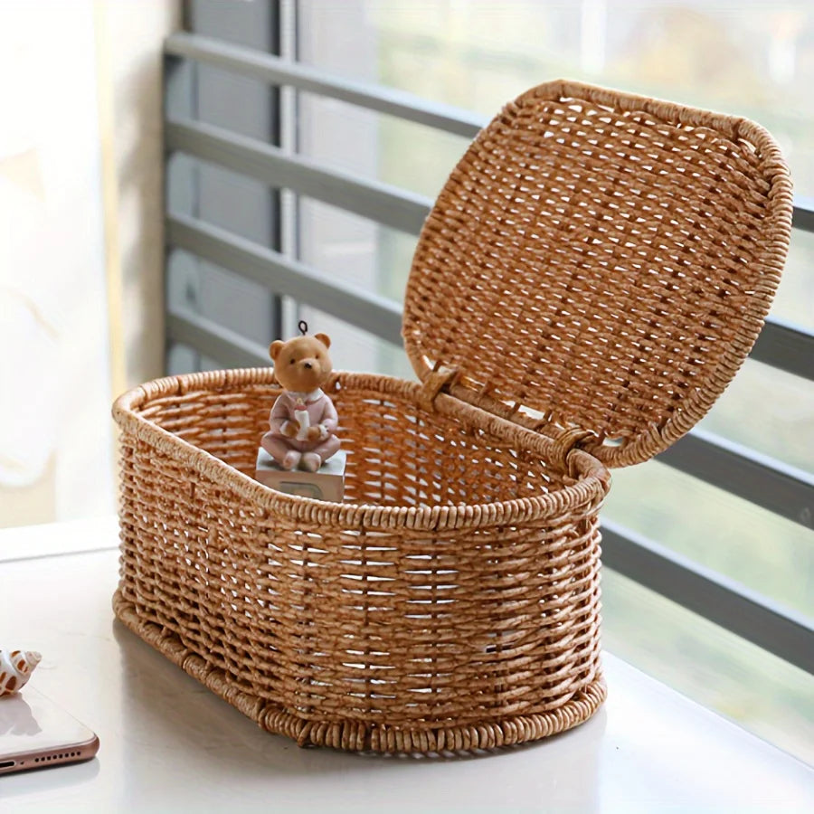 Boho Rattan-Style Storage Basket – Woven Decorative Organizer with Lid