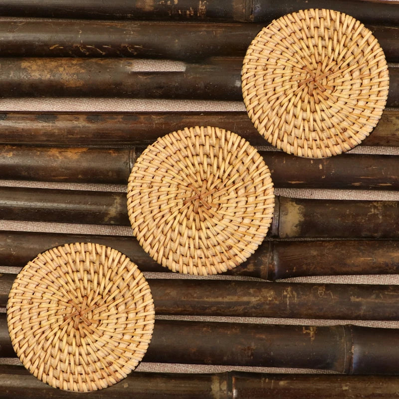 Boho Rattan Drink Coasters – Set of 6 with Holder | Natural Woven Cup Mats