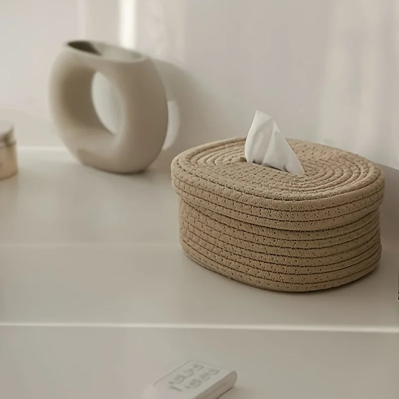 Boho Handwoven Tissue Box Holder – Minimalist Fabric Storage for Napkins & Towels