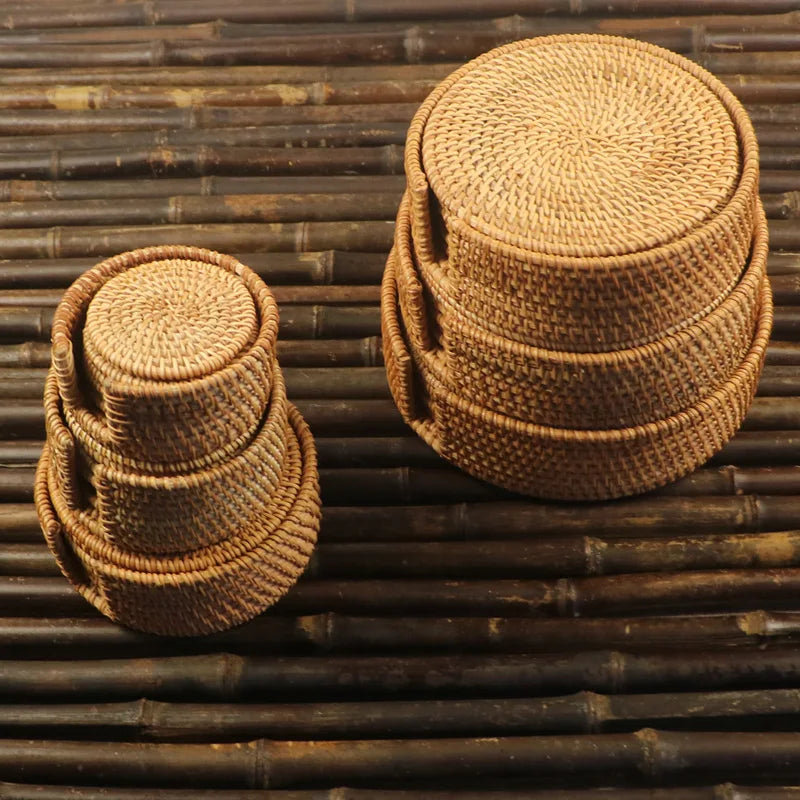 Boho Rattan Drink Coasters – Set of 6 with Holder | Natural Woven Cup Mats