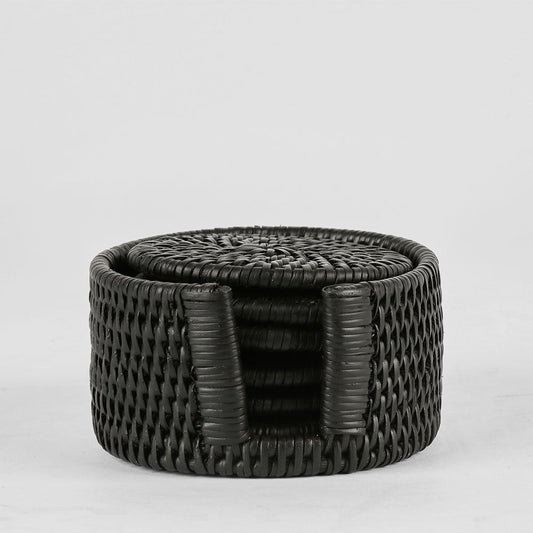 Paume Rattan Round Coaster Set 6 Black | Luxury home decor and furniture by Home Decor & Co