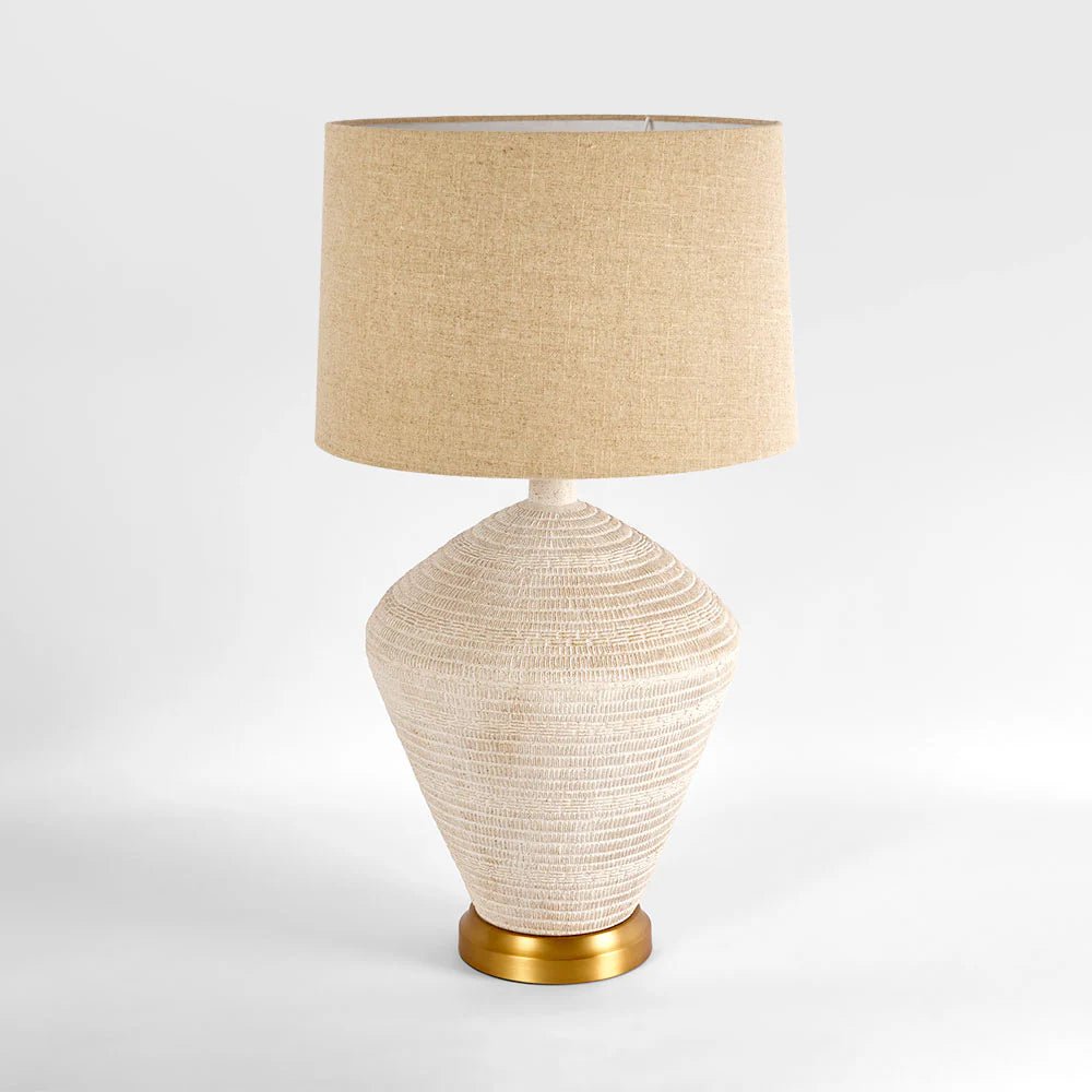 Caufield White Sandstone Table Lamp & Linen Shade | Luxury home decor and furniture by Home Decor & Co