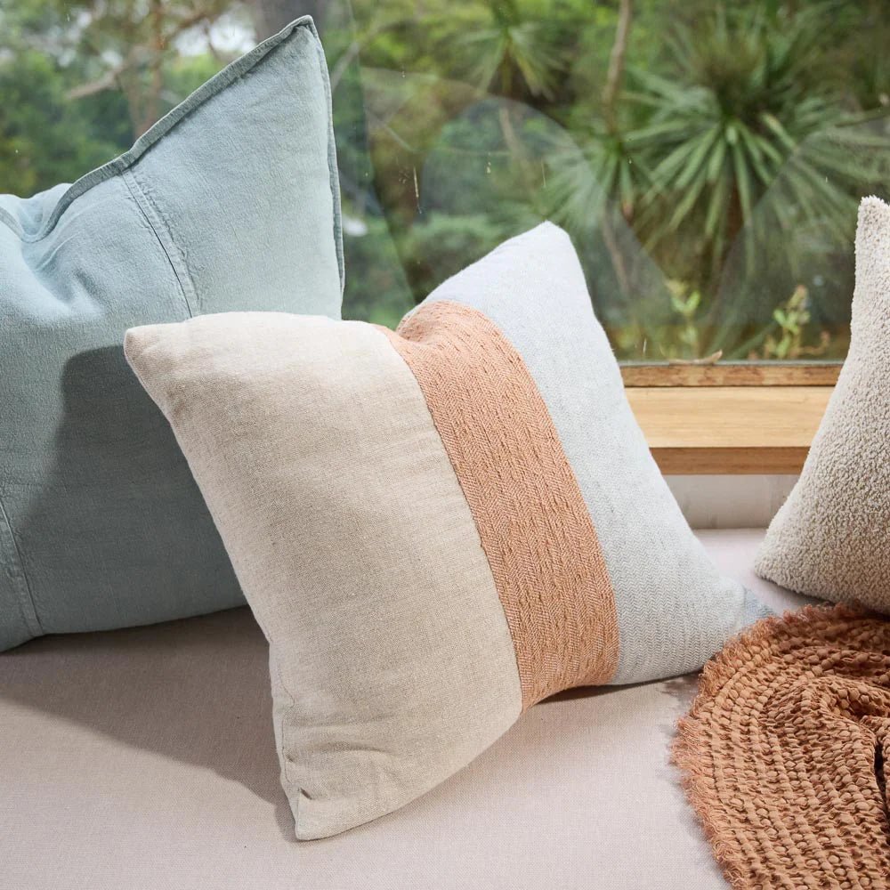 Tallows Linen Cushion - Natural/Ochre/Blue | Luxury home decor and furniture by Home Decor & Co