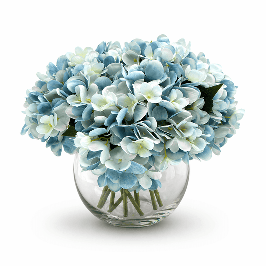 Premium Faux Hydrangea with Glass Vase (Artificial Flowering Blue Hydrangea) 23cm | Luxury home decor and furniture by Home Decor & Co