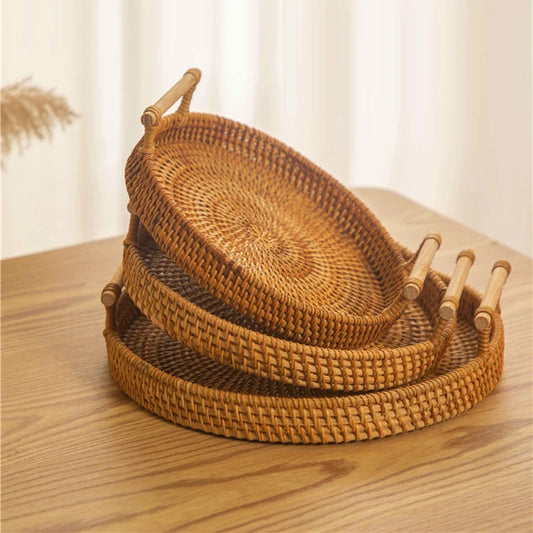 Handwoven Rattan Round Tray – Eco-Friendly Boho Basket for Bread, Fruit & Home Decor
