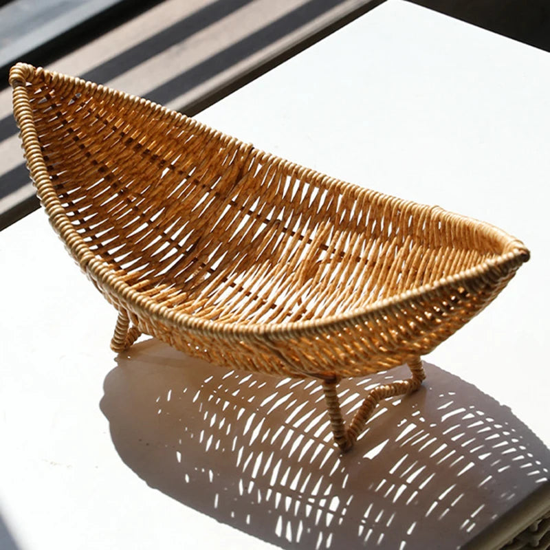 Boho Rattan Fruit Basket – Woven Decorative Serving Tray for Kitchen & Tabletop