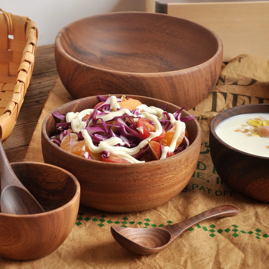 Retro Wooden Salad Bowl – Handcrafted Solid Wood Serving Bowl
