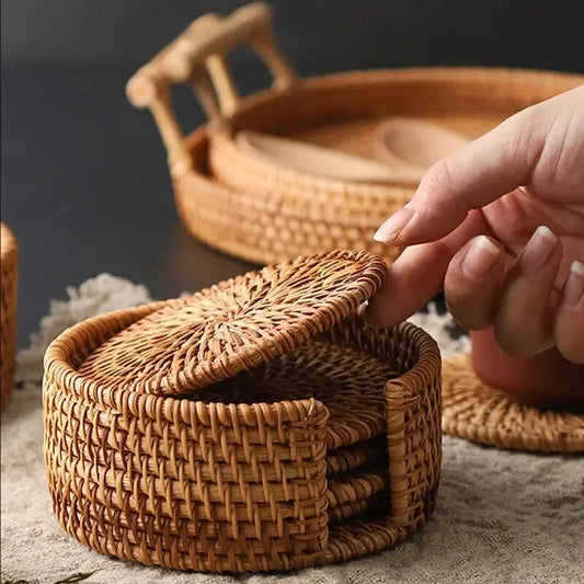 Boho Rattan Drink Coasters – Set of 6 with Holder | Natural Woven Cup Mats