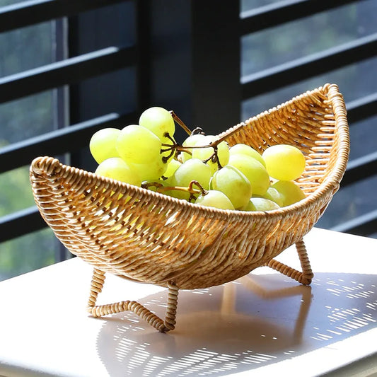 Boho Rattan Fruit Basket – Woven Decorative Serving Tray for Kitchen & Tabletop