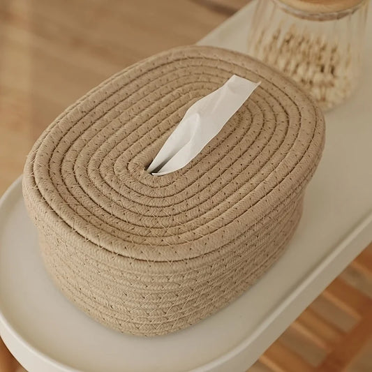 Boho Handwoven Tissue Box Holder – Minimalist Fabric Storage for Napkins & Towels