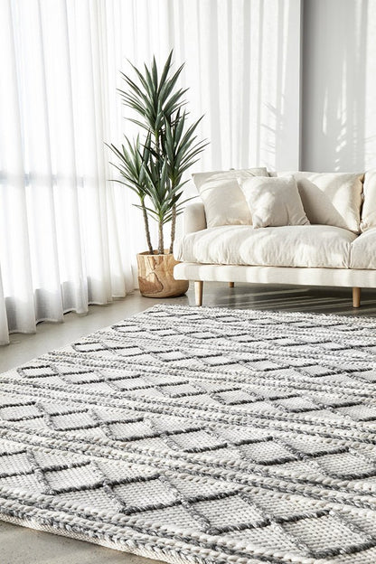 Studio Milly Textured Woollen Rug White Grey, view 2