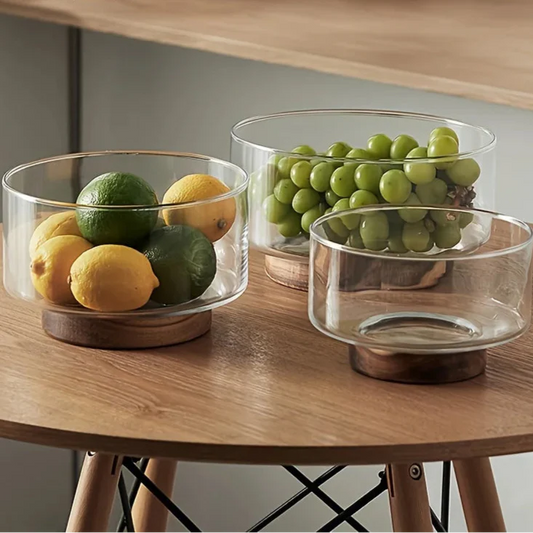 Minimalist Glass Fruit Bowl with Wooden Base – Decorative Salad & Snack Serving Bowl