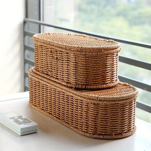 Boho Rattan-Style Storage Basket – Woven Decorative Organizer with Lid