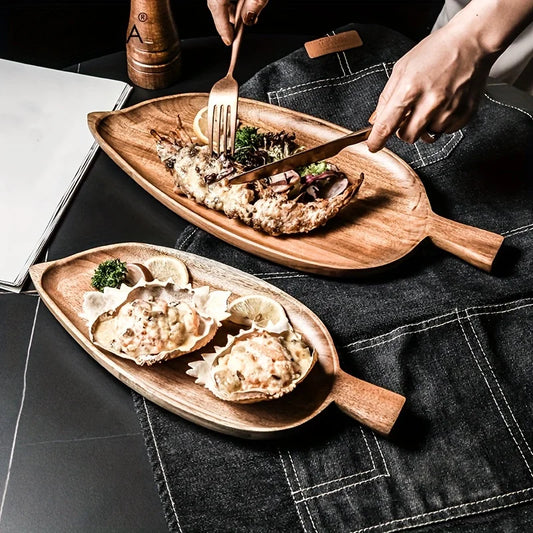 Wooden Leaf-Shaped Serving Tray – Sushi, Dessert, Fruit & Snack Plate