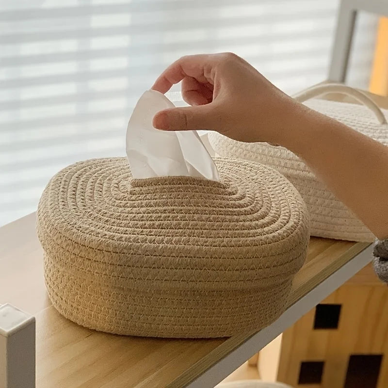 Boho Handwoven Tissue Box Holder – Minimalist Fabric Storage for Napkins & Towels
