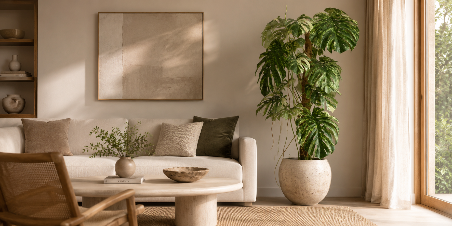 A styled living room corner featuring a large potted monstera plant in a beige ceramic pot next to a cream sofa with neutral-toned cushions, a round coffee table, and a wooden chair.