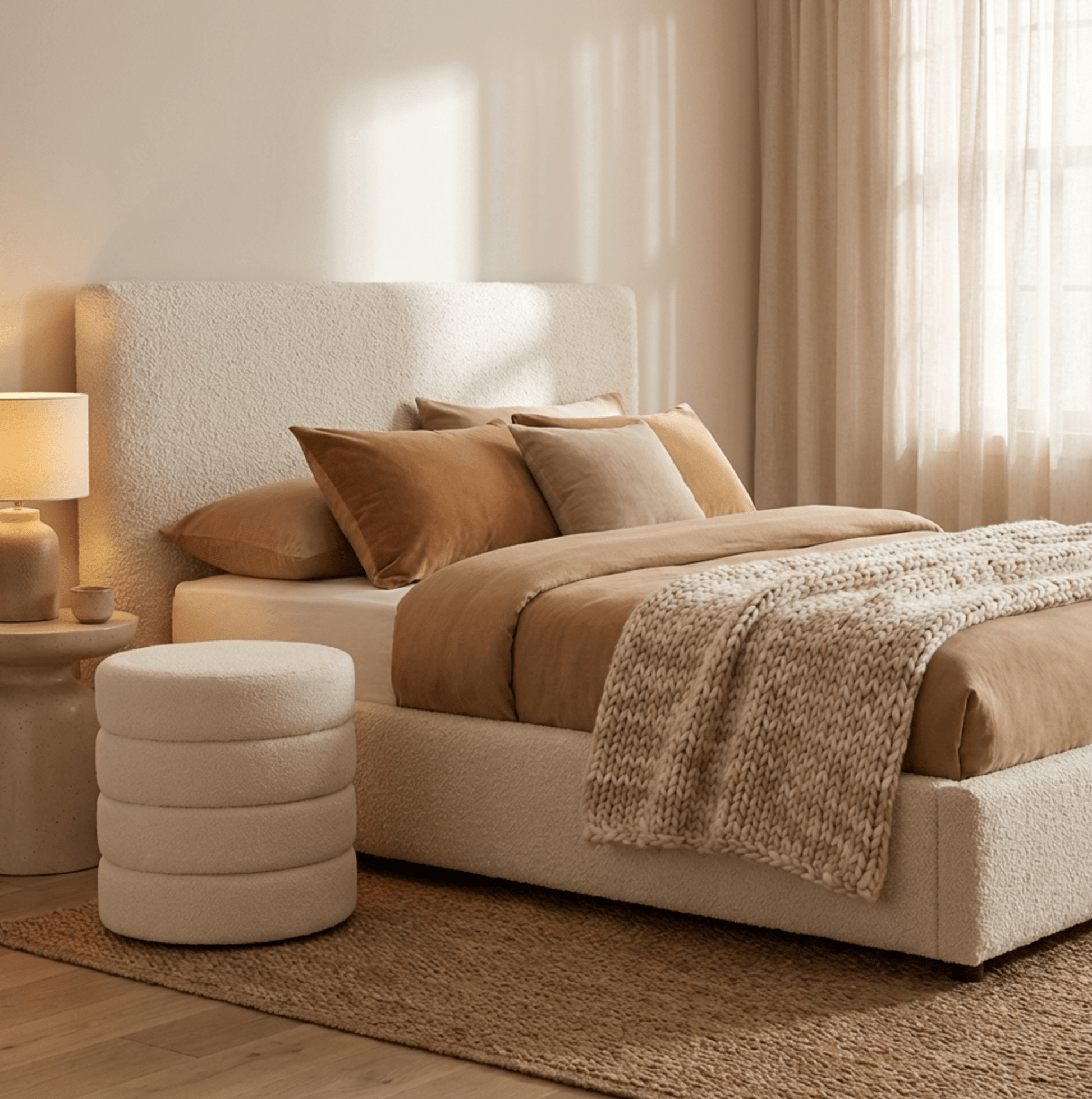Cleo White Boucle Ottoman | Luxury home decor and furniture by Home Decor & Co