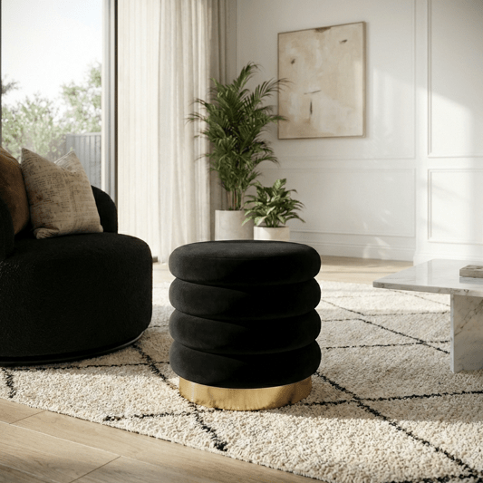 Roma Round Velvet Ottoman / Footstool – Black | Luxury home decor and furniture by Home Decor & Co
