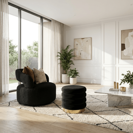 Roma Round Velvet Ottoman / Footstool – Black | Luxury home decor and furniture by Home Decor & Co