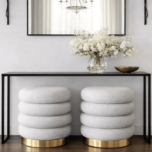 Roma Round Tweed Ottoman / Footstool – Light Grey | Luxury home decor and furniture by Home Decor & Co